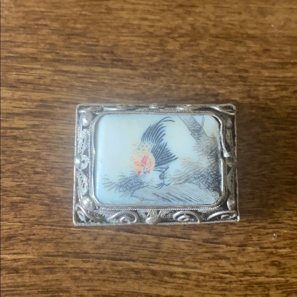 Sterling silver bone hand painted vintage brooch